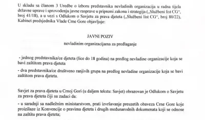Javni poziv za predstavnike NVO sektora u Savjetu za prava djeteta