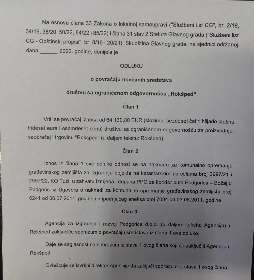 Glavni grad vraća novac uzet za komunaliјe za parcele na teritoriјi Тuzi: Rok&scaron;pedu 64.000 eura