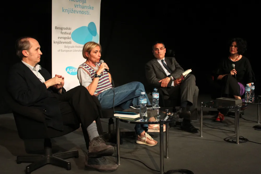 PANEL KALVINO<br>Gojko Bozovic, Snezana Milinkovic, Roberto Cinkota i Marija Nenezic<br>12. Beogradski festival evropske knjizevnosti<br>DOM OMLADINE BEOGRADA<br>08.06.2023.<br>foto Stanislav Milojkovic