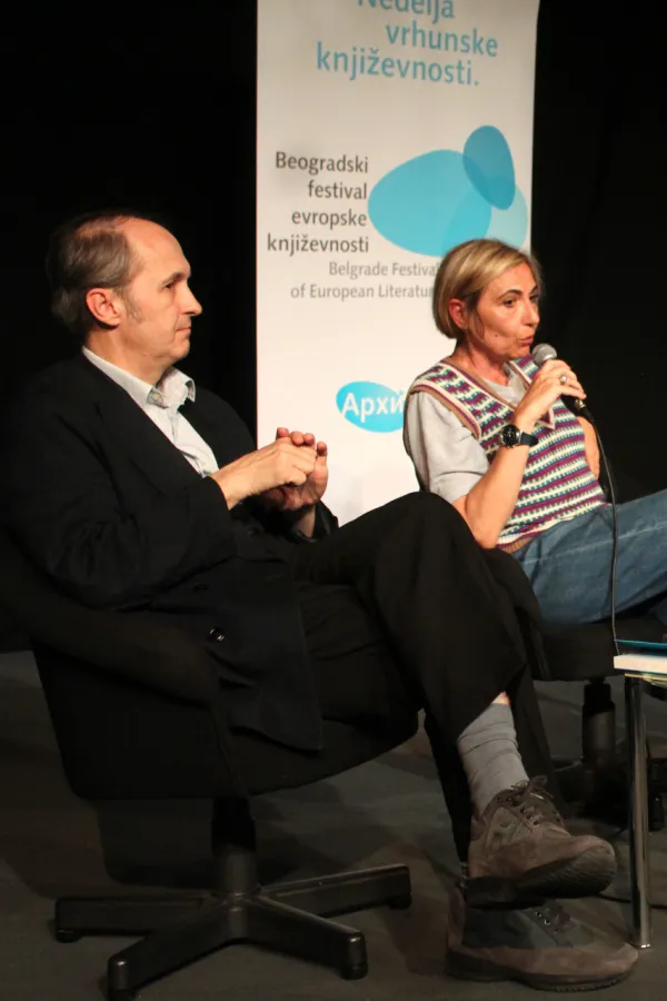 PANEL KALVINO<br>Gojko Bozovic, Snezana Milinkovic, Roberto Cinkota i Marija Nenezic<br>12. Beogradski festival evropske knjizevnosti<br>DOM OMLADINE BEOGRADA<br>08.06.2023.<br>foto Stanislav Milojkovic