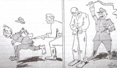 Дводјелна карикатура из "Борбе", 31.05.1945. (ФОТО: ИЗ КЊИГЕ П. ДРАГИШИЋА)