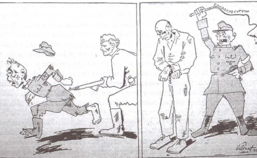 Дводјелна карикатура из "Борбе", 31.05.1945. (ФОТО: ИЗ КЊИГЕ П. ДРАГИШИЋА)