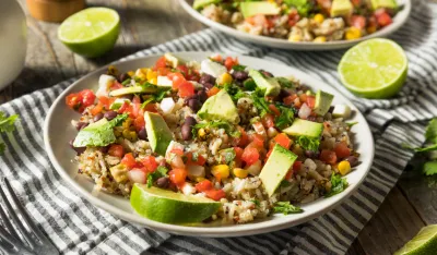 Homemade Mexican Baja Rice Bowl with Avocado and Salsa