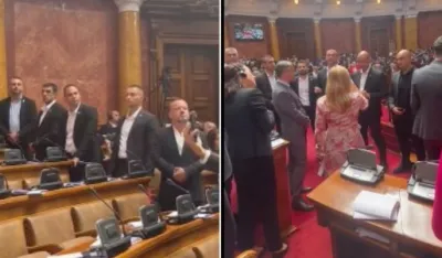 (VIDEO) Nastavak haosa u Skup&scaron;tini Srbije: Opozicionare opkolili pripadnici obezbjeđenja