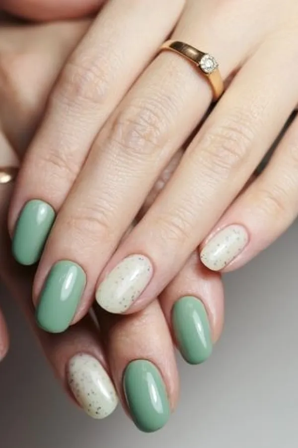 Female hands with nail design close-up. Beautiful female nails with green manicure