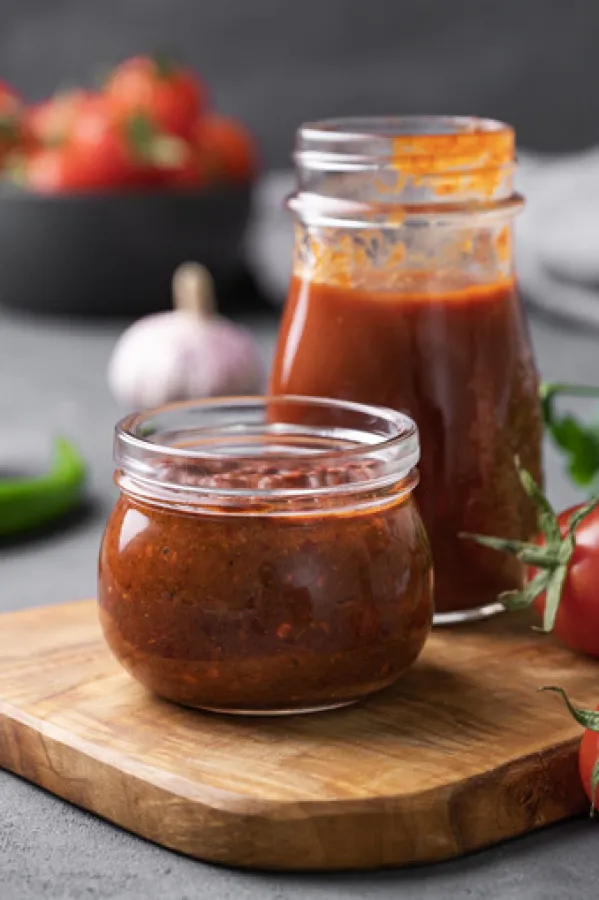 Tomato paste of hot pepper marinara with garlic, tomatoes and herbs in jars on a wooden board on a dark background. Traditional homemade food.