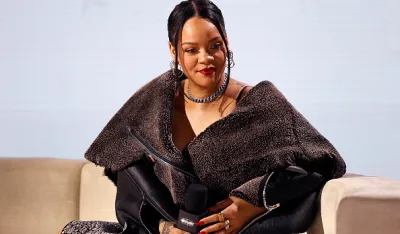 PHOENIX, ARIZONA - FEBRUARY 09: Rihanna speaks during the Super Bowl LVII Pregame & Apple Music Halftime Show press conference at Phoenix Convention Center on February 09, 2023 in Phoenix, Arizona. (Photo by Mike Lawrie/Getty Images)
