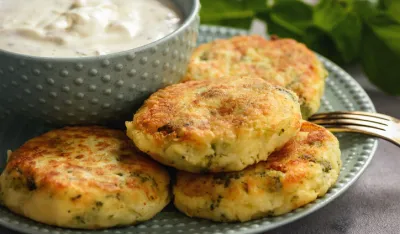 Broccoli and potato cutlets with cheese and yogurt dip.