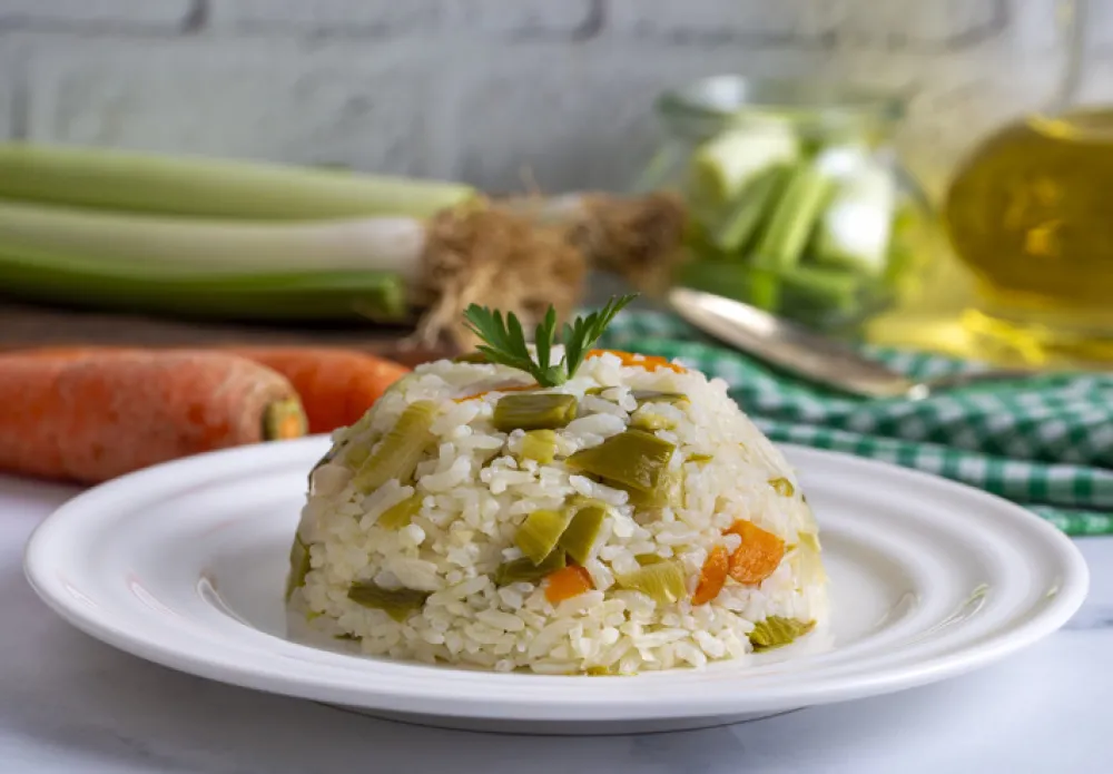 Rice with leeks from traditional Turkish cuisine - Turkish name; pirasali pirinc pilavi