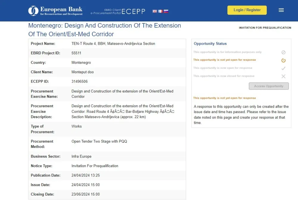 EBRD objavila pretkvalifikacioni tender za dionicu Mate&scaron;evo-Andrijevica