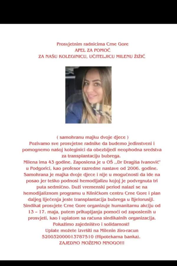 Kolektiv O&Scaron; "Dr Dragi&scaron;a Ivanović" poziva građane da učestvuju u prikupljanju pomoći za liječenje učiteljice Milene