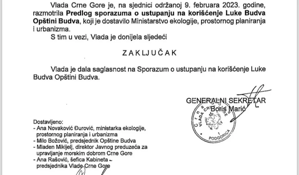 URA: Dokument potvrđuje da je Abazovićeva Vlada 2023. vratila Luku Budva građanima