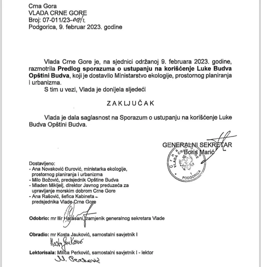 URA: Dokument potvrđuje da je Abazovićeva Vlada 2023. vratila Luku Budva građanima