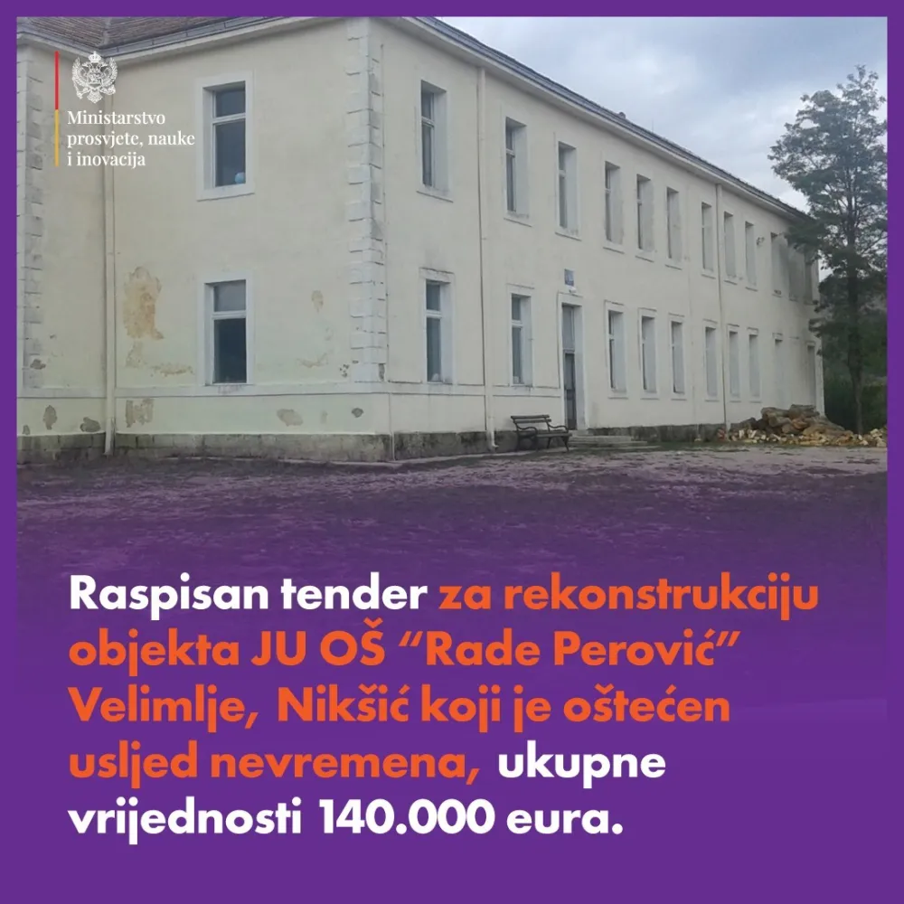 Raspisan&nbsp;tender za rekonstrukciju&nbsp;JU O&Scaron; "Rade Perović" iz Velimlja