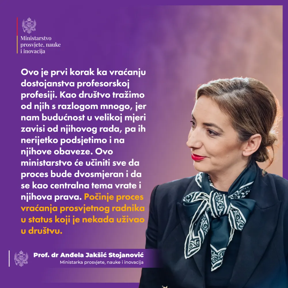 Jak&scaron;ić Stojanović: Počinje proces vraćanja prosvjetnog radnika u status koji je nekada uživao u dru&scaron;tvu