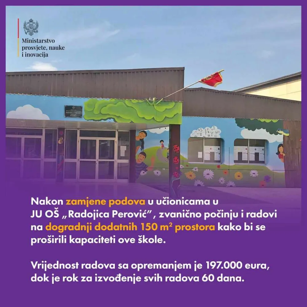 Ministarstvo prosvjete: Počinju radovi na dogradnji prostora u O&Scaron; Radojica Perović