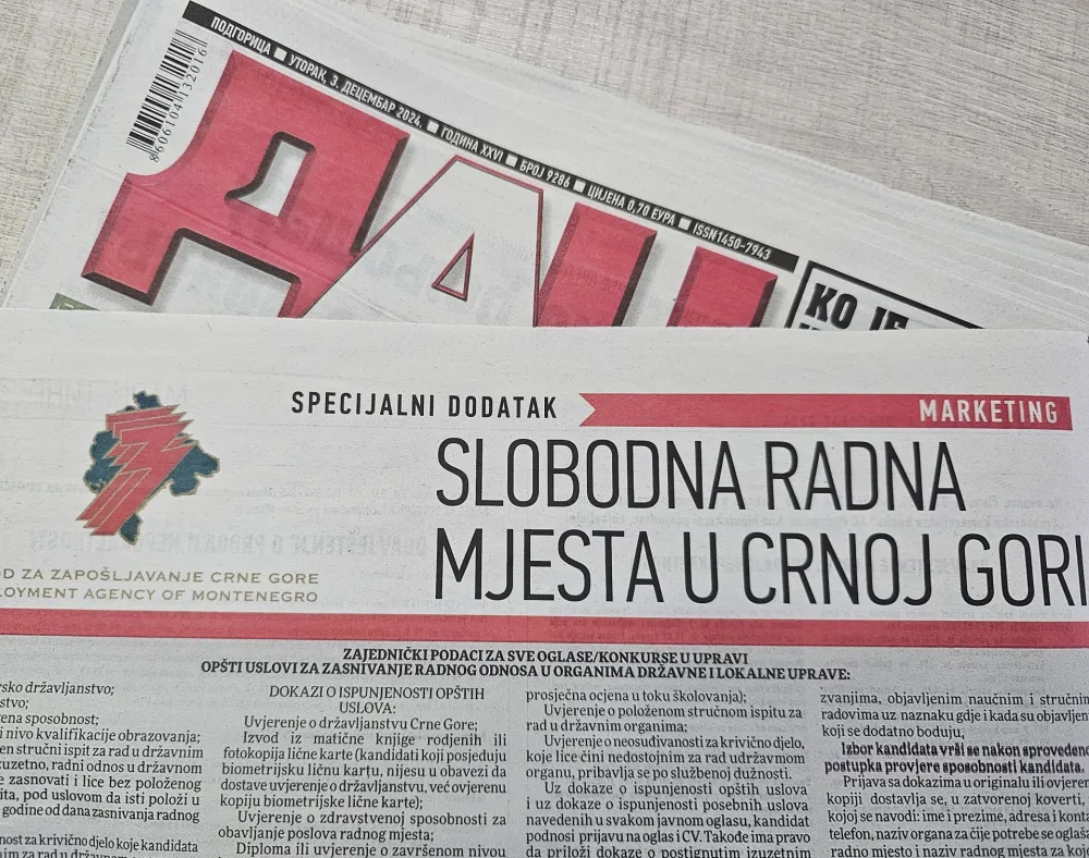 Specijalni dodatak uz DAN: Slobodna radna mjesta u Crnoj Gori