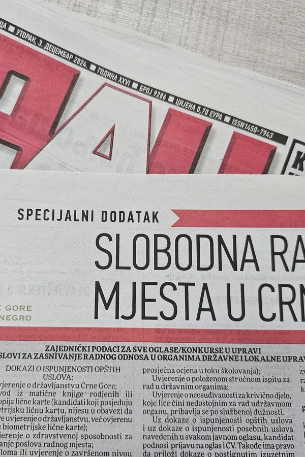 Specijalni dodatak uz DAN: Slobodna radna mjesta u Crnoj Gori