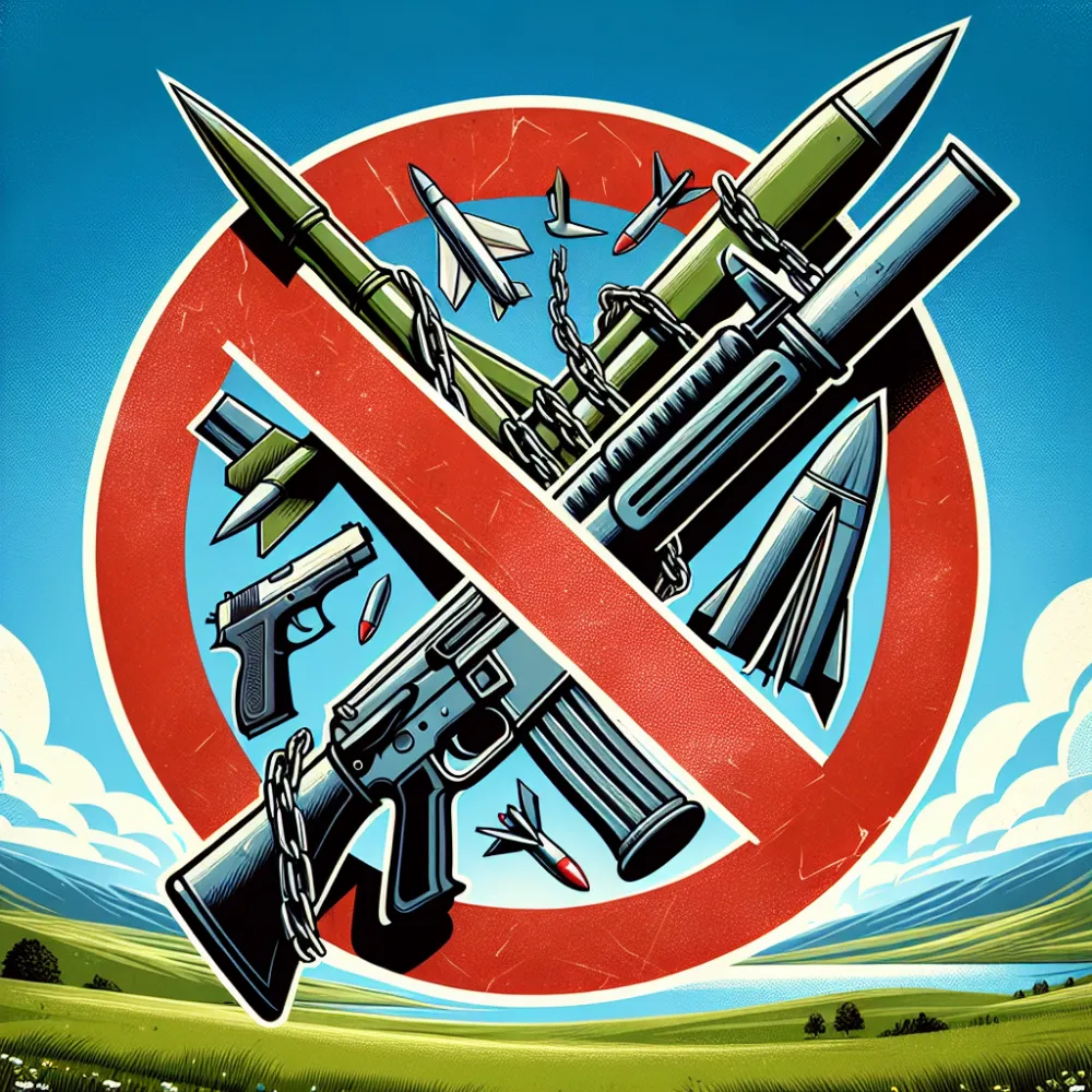 Ilustracija zabrane oružja sa simbolom crvenog kruga i dijagonalne linije koji prekriva različite vrste oružja na plavoj pozadini , a pri dnu slike prikazan je zeleni pejzaž