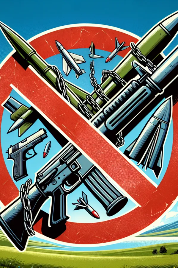 Ilustracija zabrane oružja sa simbolom crvenog kruga i dijagonalne linije koji prekriva različite vrste oružja na plavoj pozadini , a pri dnu slike prikazan je zeleni pejzaž