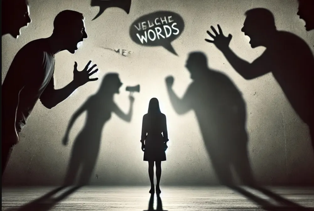 Žena koja trpi verbalno nasiljeDALL&middot;E 2025-02-06 17.04.26 - A dramatic scene showing shadows of people yelling aggressive words at a single woman standing alone. The shadows are large and looming, symbolizing v.webp