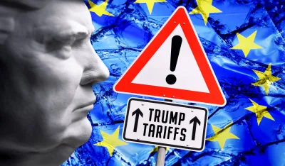 PHOTOMONTAGE, Trump bust in front of EU flag in shards with sign and inscription Trump Tariffs via Guliver Image