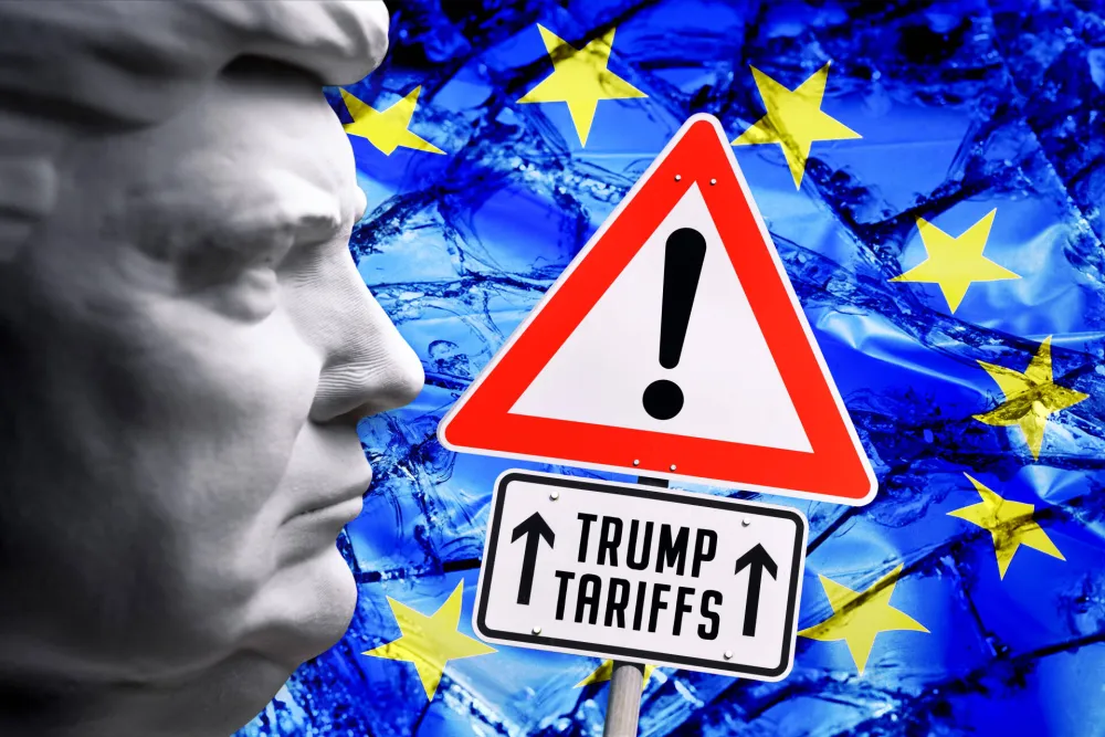 PHOTOMONTAGE, Trump bust in front of EU flag in shards with sign and inscription Trump Tariffs via Guliver Image