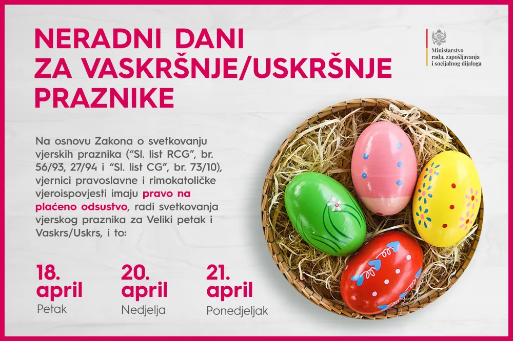 Povodom predstojećeg vjerskog praznika neradni dani - petak, nedjelja i ponedjeljak