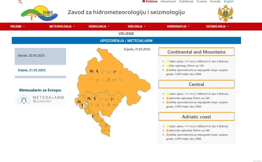 Za sjutra narandžasti meteo-alarm: Upozorenje na oluju, jak vjetar i obilnu ki&scaron;u