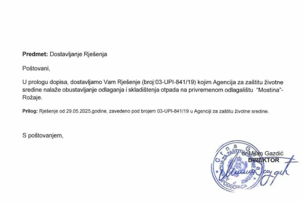 Agencija za za&scaron;titu životne sredine donijela rje&scaron;enje: Mostina da bude zatvorena