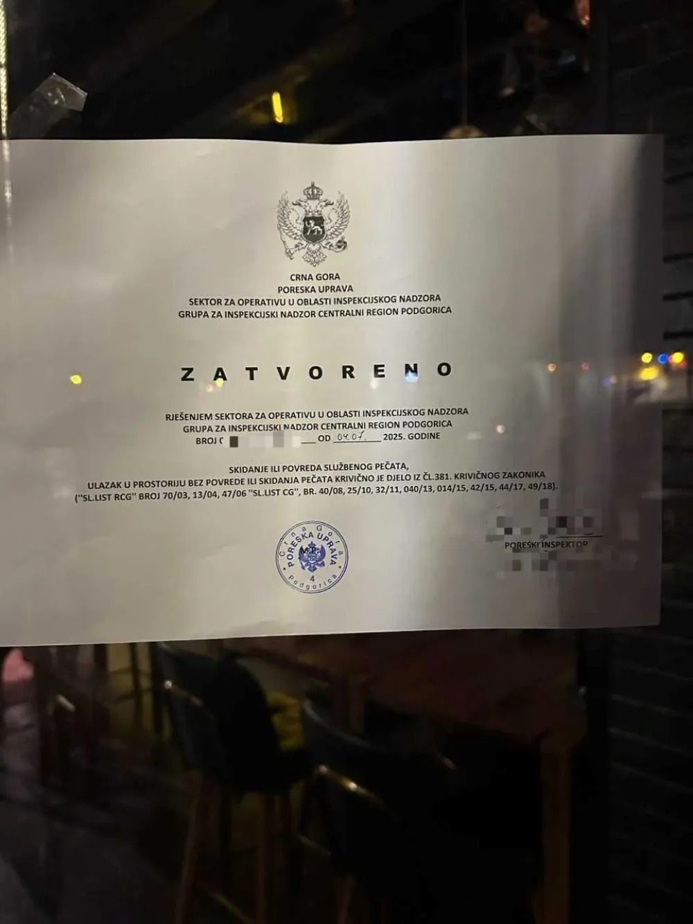 Akcija &bdquo;Bar-kod&ldquo;: UP i PU zatvorile vi&scaron;e ugostiteljskih objekata u Podgorici, nisu izdavali fiskalne račune