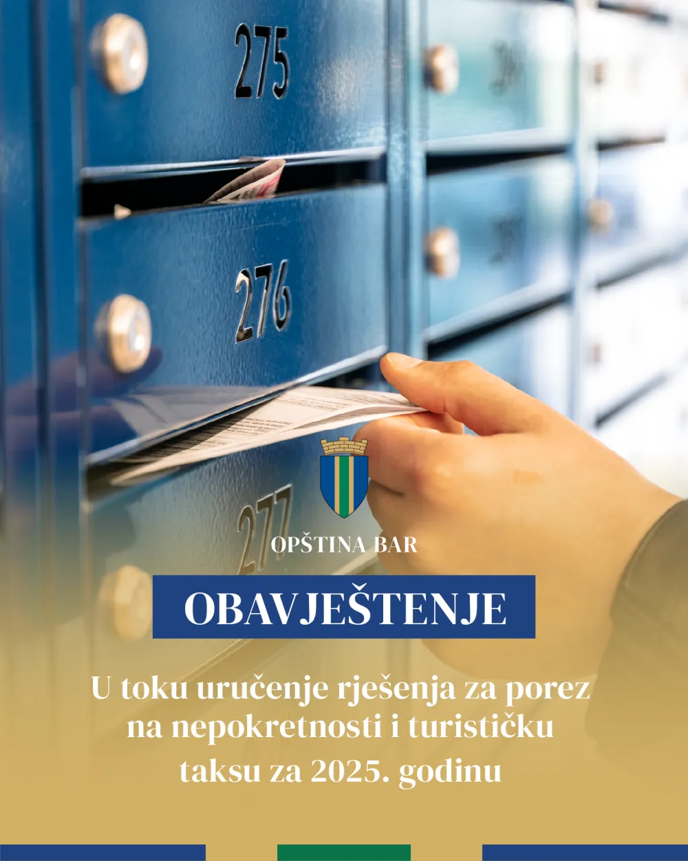 Započeto uručenje rje&scaron;enja za porez na nepokretnosti i turističku taksu za 2025. godinu