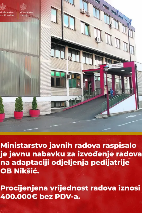MJR: Raspisana javna nabavka za adaptaciju odjeljenja pedijatrije Op&scaron;te bolnice u Nik&scaron;iću