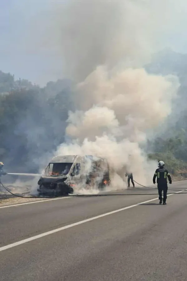 (VIDEO) Požar na putu Nik&scaron;ić-Danilovgrad: Zapalio se kombi, vatra zahvatila i rastinje