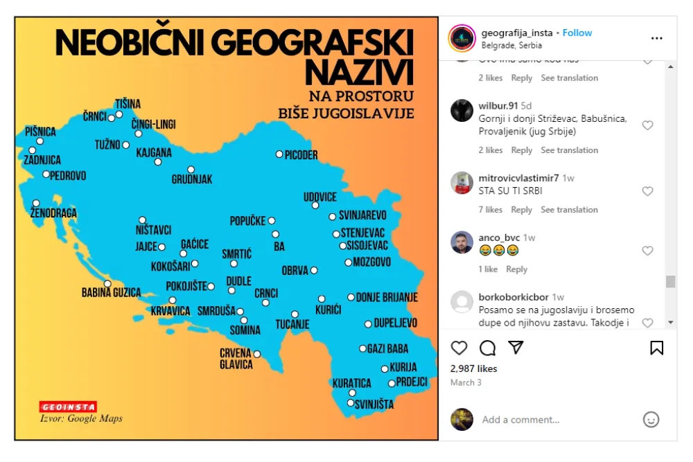 Neobični nazivi na mapi EX YU