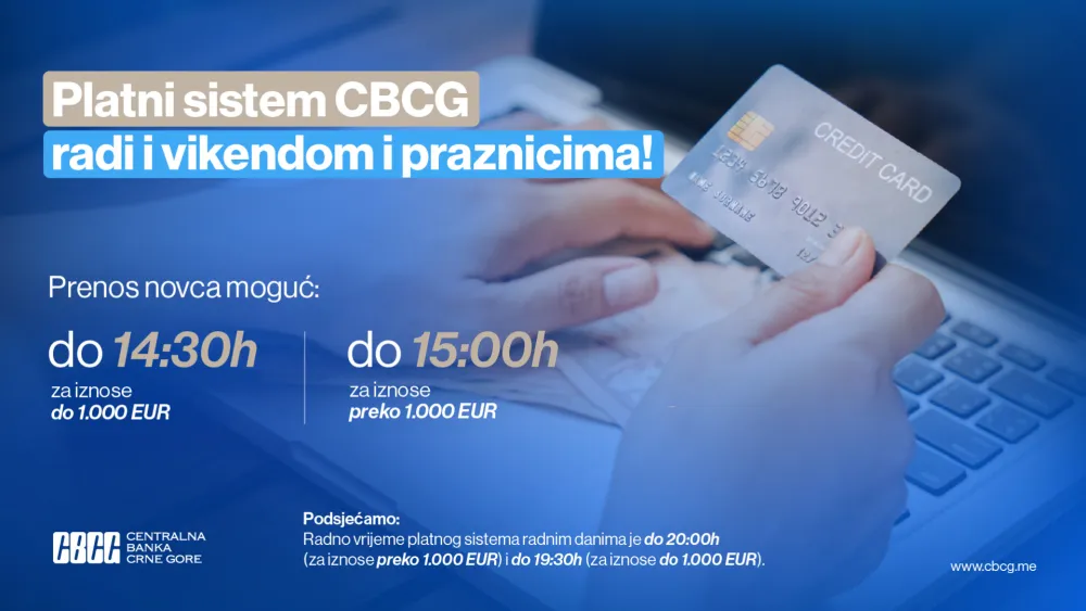 CBCG: Platni sistem od danas radi i vikendom i praznicima