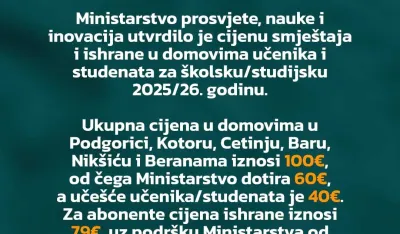 MPNI utvrdilo cijene smje&scaron;taja i ishrane u domovima učenika i studenata