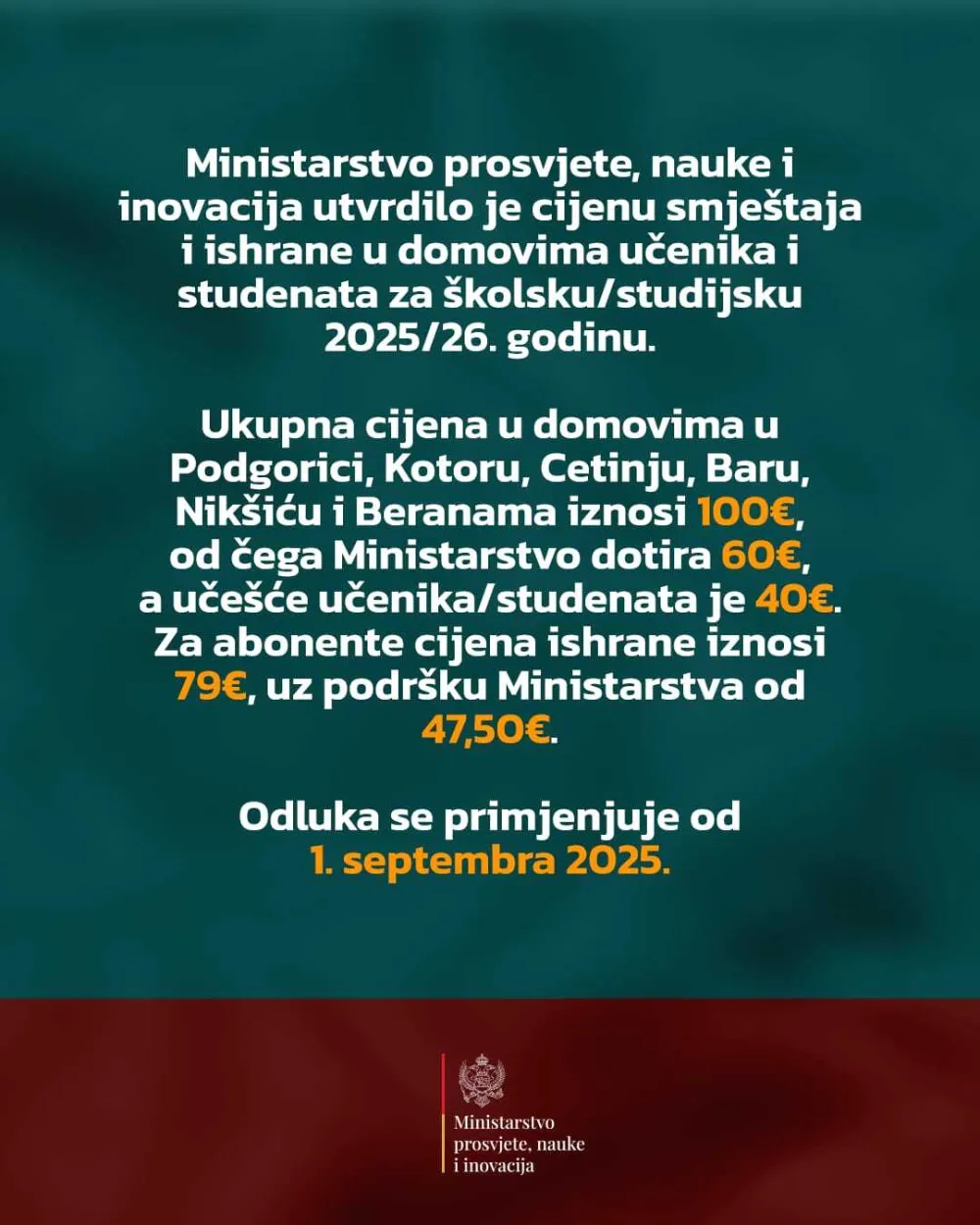 MPNI utvrdilo cijene smje&scaron;taja i ishrane u domovima učenika i studenata