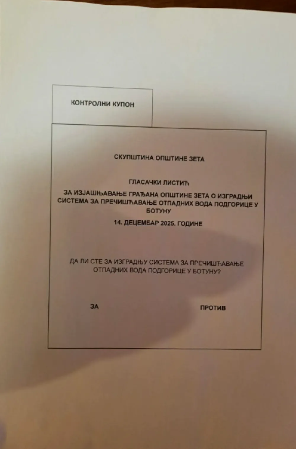 Glasački listić za referendum u Zeti