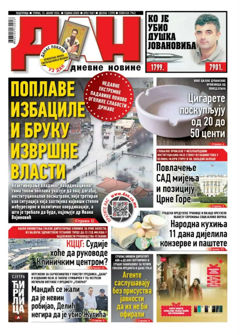 Naslovna strana "Dana" za 13. januar 2026.