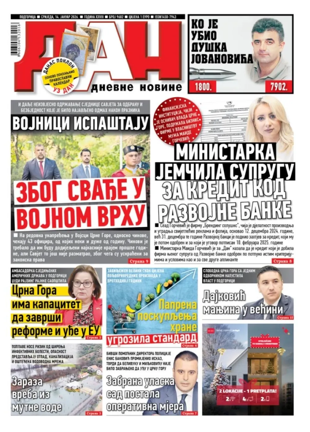Naslovna strana "Dana" za 14. januar 2026.