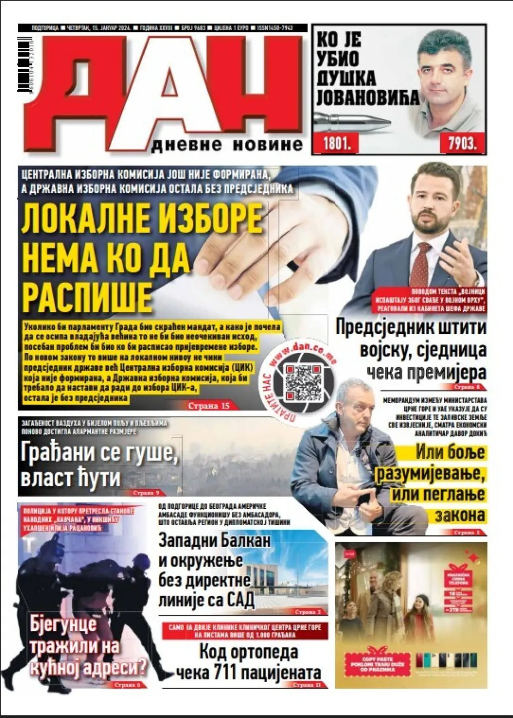 Naslovna strana "Dana" za 15. januar 2026