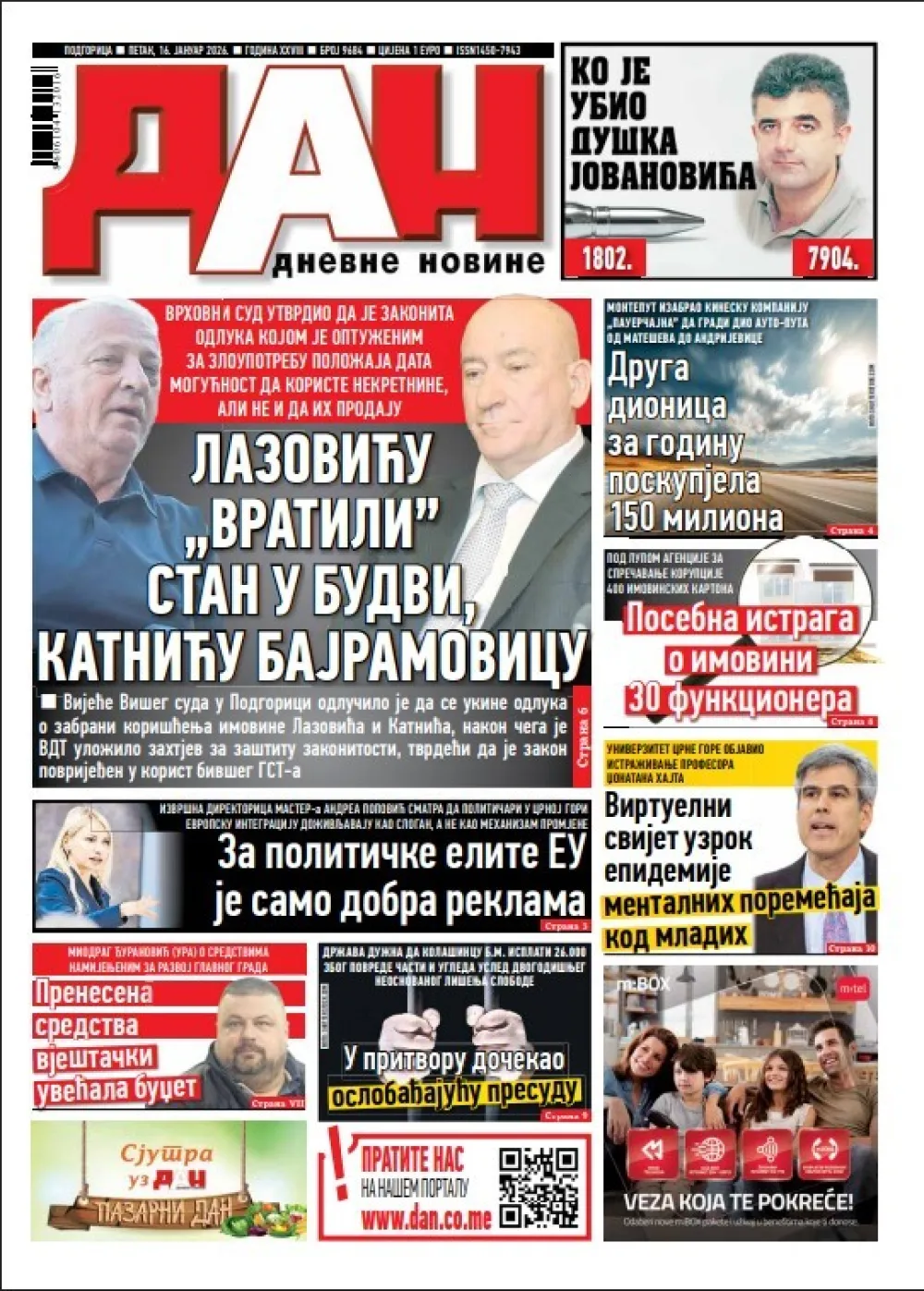Naslovna strana "Dana" za 16. januar 2026.