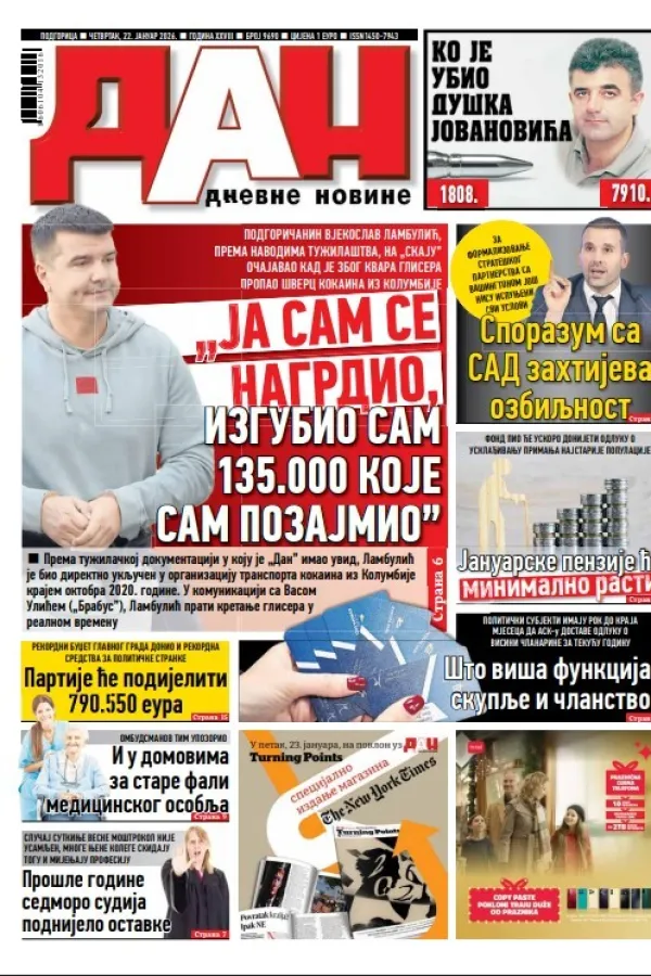 Naslovna strana "Dana" za 22. januar 2026