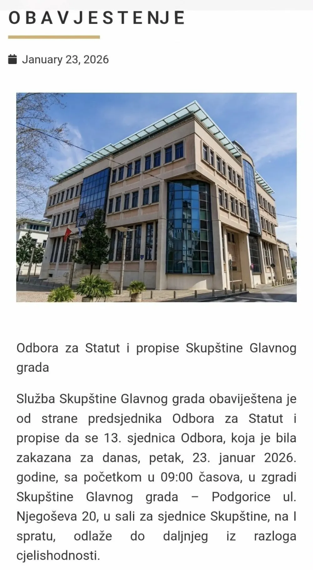 Ponovo odloženo zasjedanje Odbora za statut i propise Glavnog grada: Odbornici ne dolaze u Skup&scaron;tinu