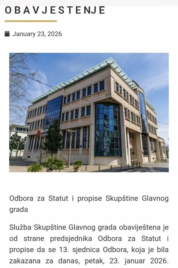 Ponovo odloženo zasjedanje Odbora za statut i propise Glavnog grada: Odbornici ne dolaze u Skup&scaron;tinu