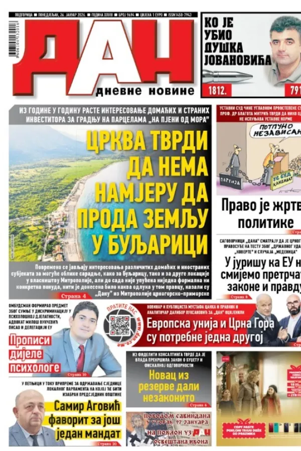 Naslovna strana "Dana" za 26. januar 2026.