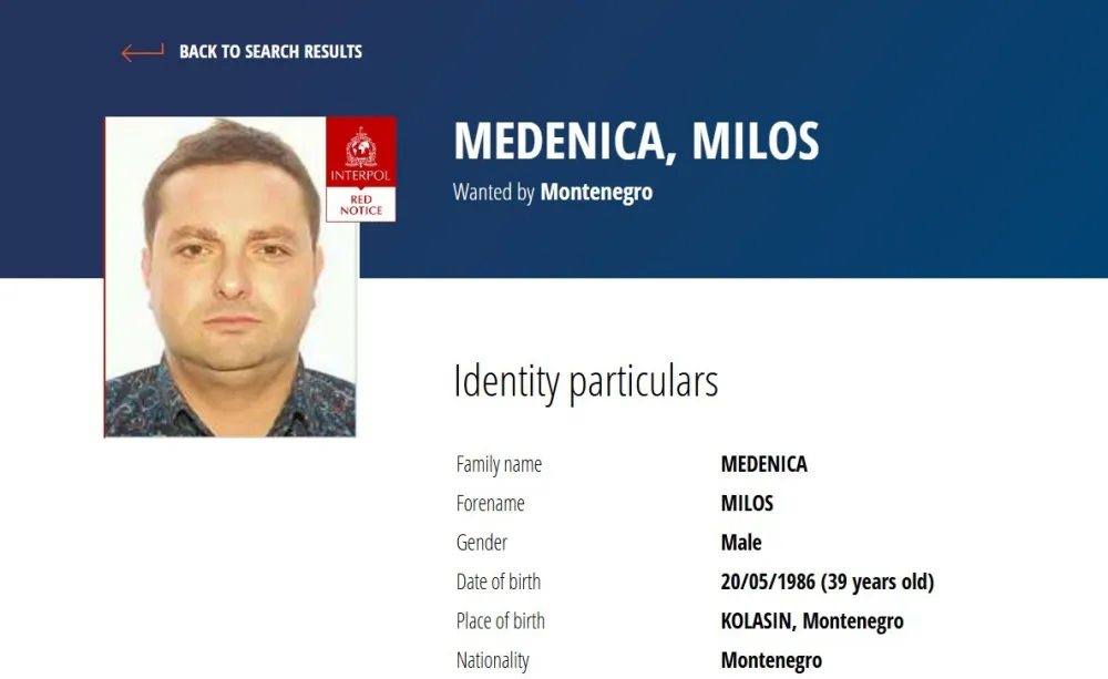 Na zahtjev Crne Gore crvena&nbsp;potjernicu za Medenicom objavljena&nbsp;na stranici Interpola