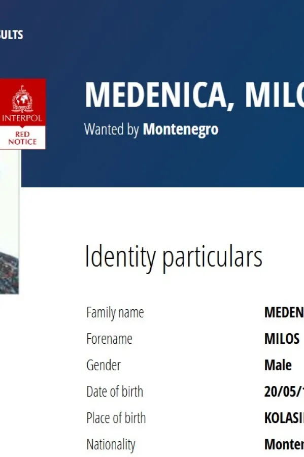Na zahtjev Crne Gore crvena&nbsp;potjernicu za Medenicom objavljena&nbsp;na stranici Interpola
