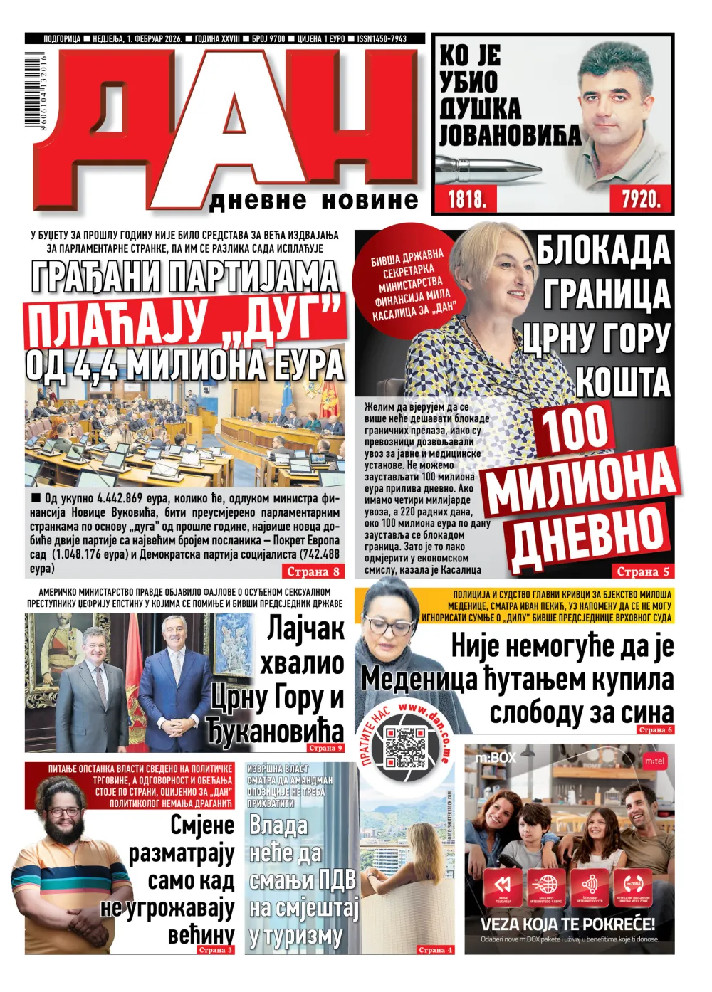 Naslovna strana Dana za 1, februar
